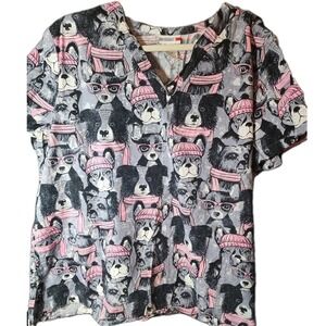 White Cross Womens Scrub XL Black , Grey, Pink Dog Pattern SS 2 Pocket CR3